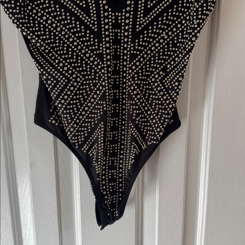 Caché Rare Vintage Black Bodysuit w/ Gold Studs - Picture 2 of 11